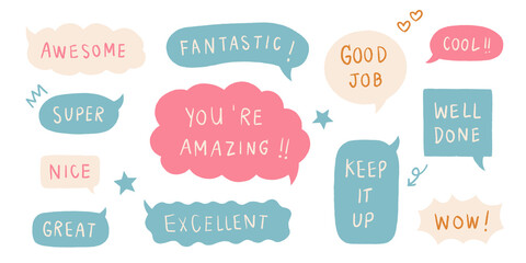 Inspirational, positive, motifs words and phrases. Cute colorful speech bubbles with stars, heart and arrow elements. School rewards and encouragement stamps sticker set. Hand drawn artwork.