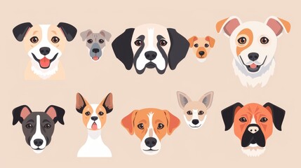 A charming collection of diverse dog breeds, featuring various colors and expressions, displayed against a light brown background.