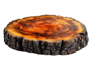 A wooden plate carved from tree trunk isolated on transparent background