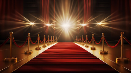 red carpet on stage , Red Event Carpet, Stair and Gold Rope Barrier Concept of Success and Triumph , Stunning view of empty theater stage with red velvet curtains between rope barriers