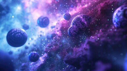 Abstract cosmic scene with floating shapes in stellar particles Three dimensional space backdrop for banner cover or flyer