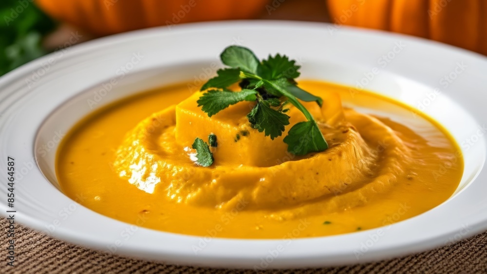 Poster  Delicious pumpkin soup with a garnish ready to be savored