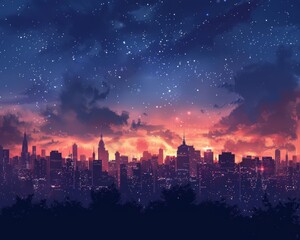Obraz premium A captivating skyline of a city with light pollution creating a luminous glow in the night sky, showcasing the urban landscape and its vibrant atmosphere