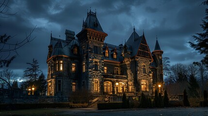 Fototapeta premium A captivating nighttime view of a historic castle illuminated by dramatic lighting, highlighting its architectural details and creating a magical ambiance