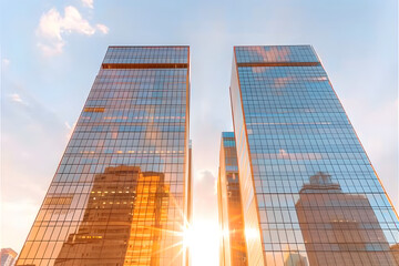 Fototapeta premium Metropolitan skyscrapers with sun peering over the edge of the building, wall street, financial district, business concept
