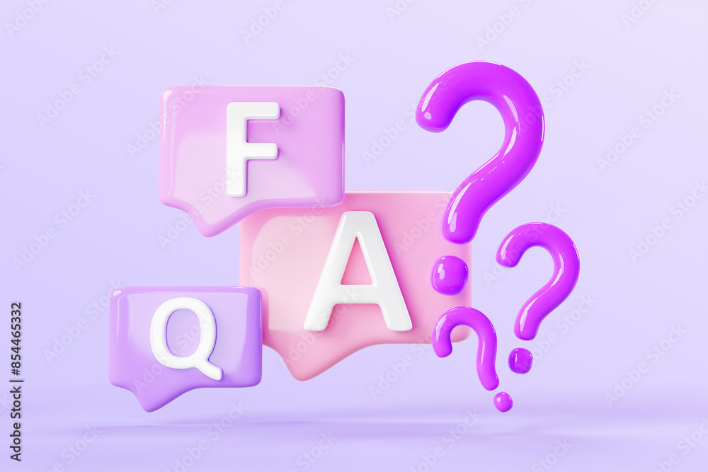 Poster faq font letters on speech bubbles with question marks on purple background 3d render. chat messages