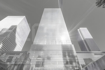 Fototapeta premium Metropolitan skyscrapers with sun peering over the edge of the building, wall street, financial district, business concept