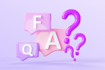 FAQ font letters on speech bubbles with question marks on purple background 3d render. Chat messages color icons, search answer online, dialog with support. Talk boxes with ask signs. 3D illustration