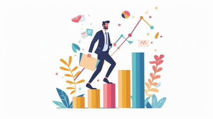 Obraz premium A man in a suit climbs a colorful bar chart, symbolizing progress and growth, with a chart graphic in the background.