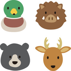 シンプルでかわいい野生動物、ジビエの顔アイコンイラスト