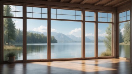 A view of a lake and mountains through large windows of a wooden cabin. The sun shines brightly, casting warm light across the interior