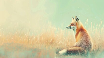 Fototapeta premium red fox sitting in a grassy field pastel color 