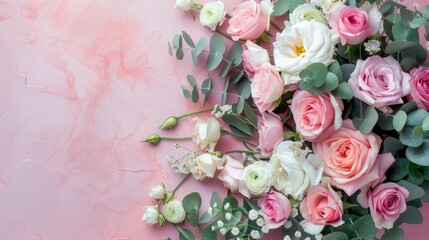 romantic bouquet of garden roses on pastel color background