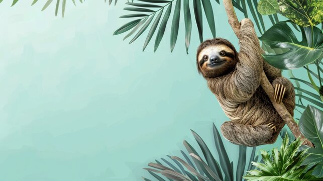 sloth hanging from a tree branch in a jungle