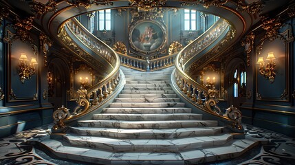 A large ornate staircase leads to a grand room with a large painting on the wall © zenith