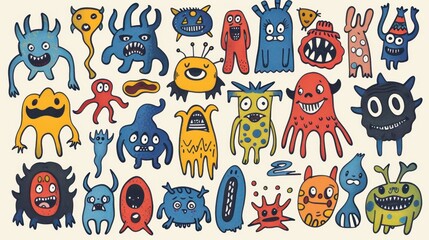 A colorful array of hand-drawn monsters with diverse expressions, features, and sizes.