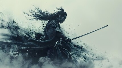 Skilled Japanese Samurai in Powerful Mid-Strike with Katana Sword,Dark Clothing Billowing,Sumi-e Ink Wash Painting Style