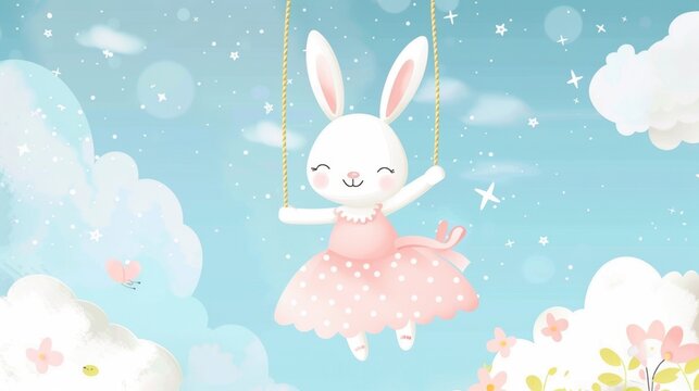 A cheerful white bunny in a pink polka dot dress swings on a rope swing amidst fluffy clouds and sparkling stars.