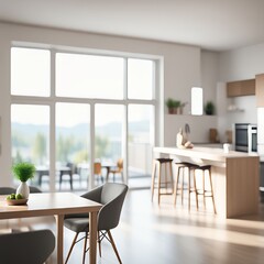 blurred , bokeh Open concept modern kitchen with dining area featuring a sleek table and chairs