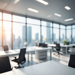 Blurred, bokeh bright and airy office room with a large window offering a city view