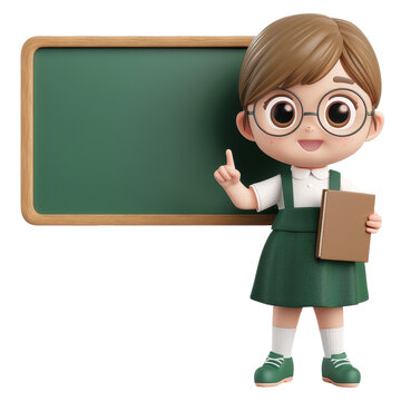 recommend clip art: Cartoon teacher character with green dress pointing in front of greed chalkboard on transparent background clipart