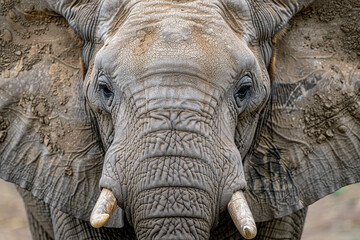 Fototapeta premium Closeup of an elephant's trunk, showing detailed texture and skin patterns. The face is in sharp focus against the background of its large ears and thick tail