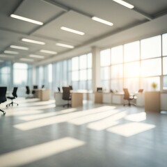 Fototapeta premium Blurred, bokeh bright and airy office room with a large window offering a city view