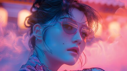 Obraz premium Captivating Female Portrait in Dramatic Neon Lighting and Smoke