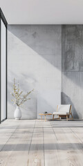 Living room in light grey color with minimal furniture and window lighting. Residential interiors design composition with copy space.