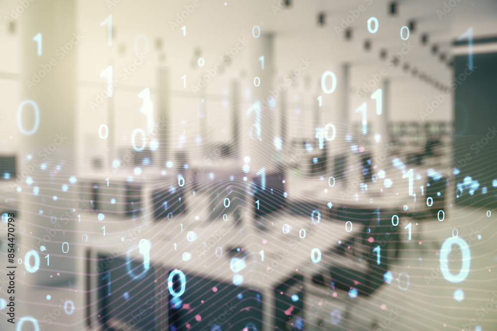 Aufkleber Abstract virtual binary code hologram on a modern furnished classroom background, AI and machine learning concept. Multiexposure