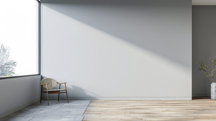 Living room in light grey color with minimal furniture and window lighting. Residential interiors design composition with copy space.