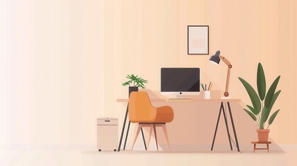 A minimalist home office with a desk, chair, computer, lamp, and plants in a light beige room.
