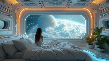 Solitary Figure Gazing at Earth From Space Station Window