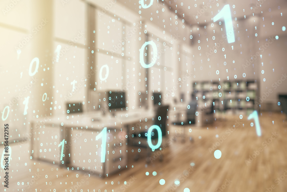 Aufkleber Abstract virtual binary code sketch on a modern furnished office interior background, hacking and matrix concept. Multiexposure