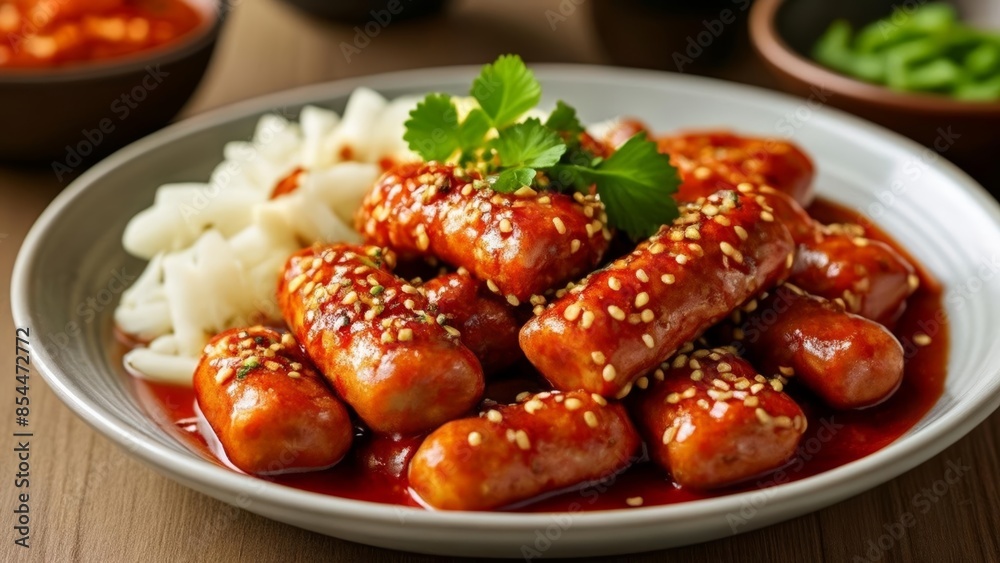 Wall mural  Deliciously spiced sausages in a rich sauce ready to be savored