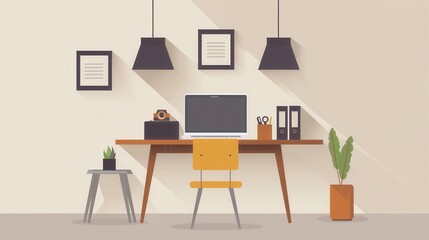 A simple and modern home office setup with a wooden desk, yellow chair, and a laptop in the center.