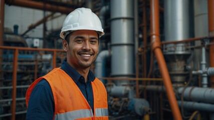 Portrait of a professional engineer wearing a safety helmet and vest. He is skilled and working with confident.