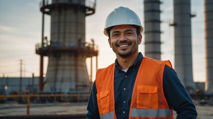 Portrait of a skilled engineer wearing a safety helmet and vest in a modern factory. He is skilled and working with confident.