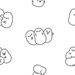 Cute happy potato character. Seamless pattern. Coloring Page. Cartoon kawaii food with funny face. Hand drawn style. Vector drawing. Design ornaments.