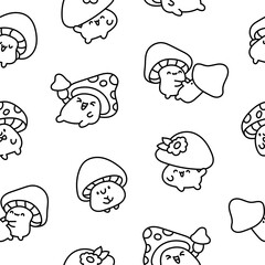 Cute kawaii funny mushroom. Seamless pattern. Coloring Page. Cartoon character in different poses. Hand drawn style. Vector drawing. Design ornaments.