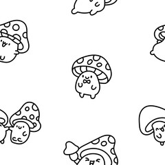 Cute kawaii funny mushroom. Seamless pattern. Coloring Page. Cartoon character in different poses. Hand drawn style. Vector drawing. Design ornaments.