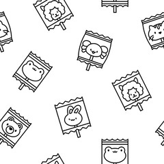 Cute lollypop with animal face. Seamless pattern. Coloring Page. Cartoon sweet candies. Hand drawn style. Vector drawing. Design ornaments.