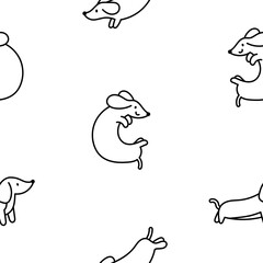 Happy kawaii dachshund. Seamless pattern. Coloring Page. Cute cartoon dog characters. Hand drawn style. Vector drawing. Design ornaments.