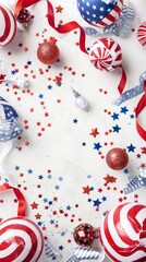 Fototapeta premium Festive American Decorations with Flags and Ribbons on a White Tabletop. Perfect for Independence Day, Columbus Day, and Other National Celebrations. Ideal for Christmas Cards, New Year Banners, and 