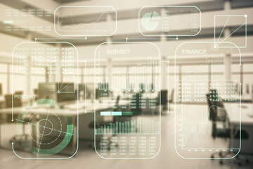 Multi exposure of abstract virtual graphic data spreadsheet sketch on a modern furnished classroom background, analytics and analysis concept