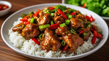 Fototapeta premium Delicious Asianinspired beef stirfry with rice and vegetables