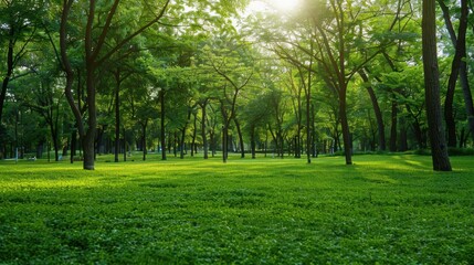Fototapeta premium Green tree forest in city public park with green meadow grass nature landscape