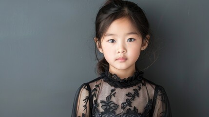 A small Asian girl in elegant attire poses against a gray backdrop