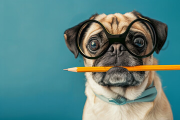 Silly pug dog wearing nerd glasses, posing as an office worker with a pencil in its mouth, adding humor to the business concept