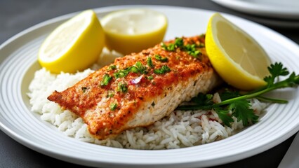  Deliciously seasoned fish fillet with lemon and herbs served on a bed of fluffy rice